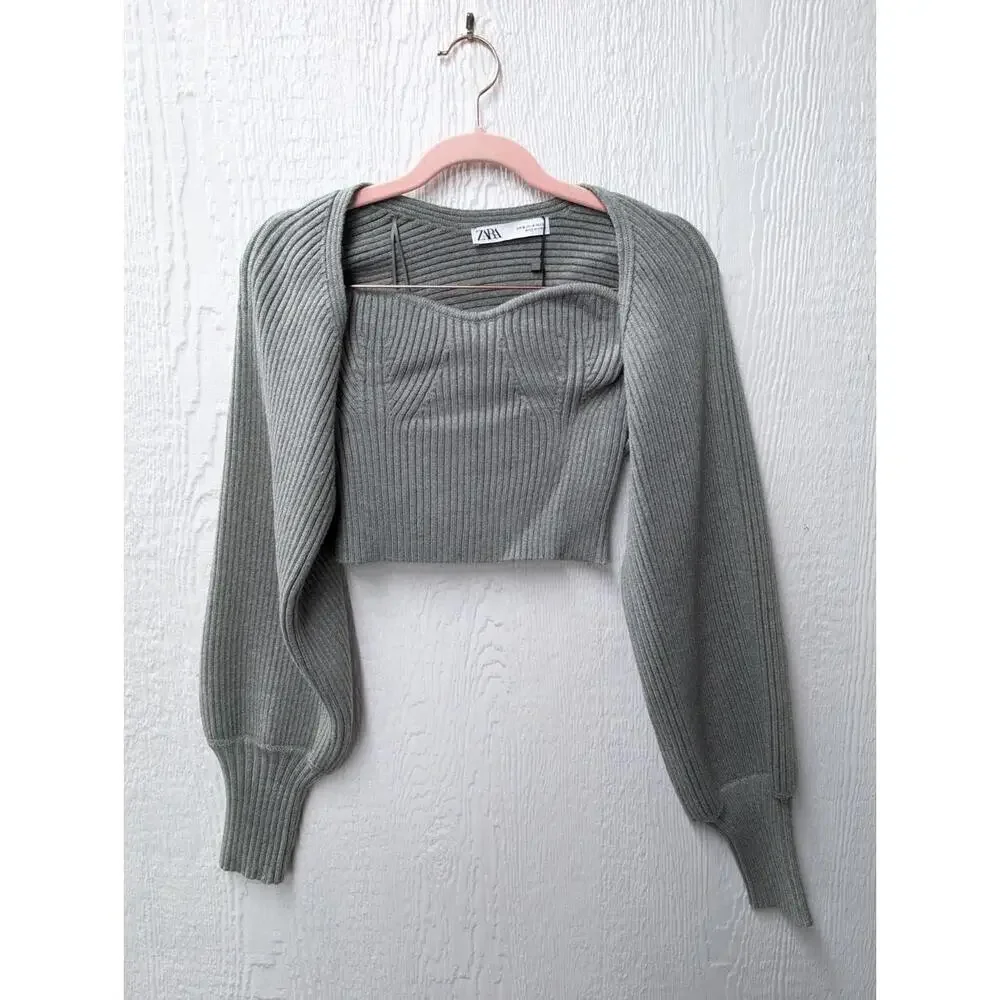 NWT Zara Ribbed Arm Warmers & Strapless Top Bodice Set Gray Green Size Medium - Picture 2 of 8